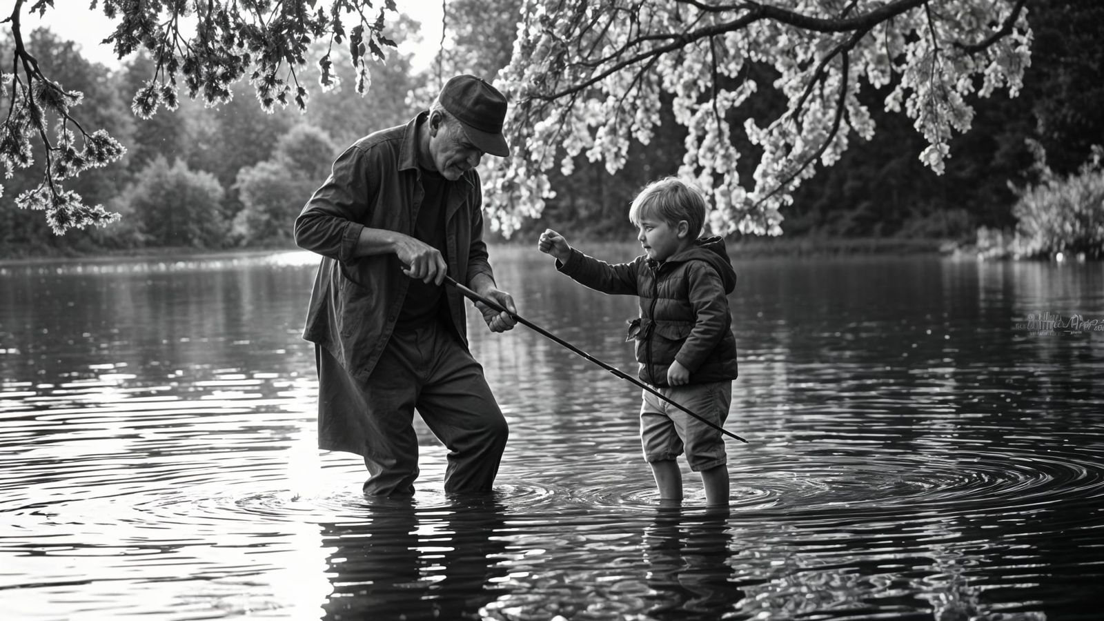 Heartwarming Black and White Fishing Scene