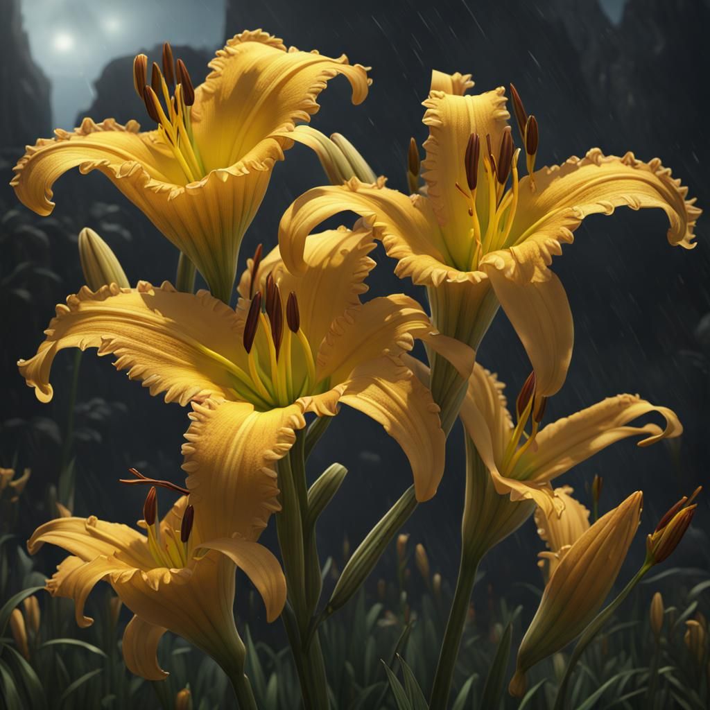Detailed Matte Painting of Large Yellow Day Lilies