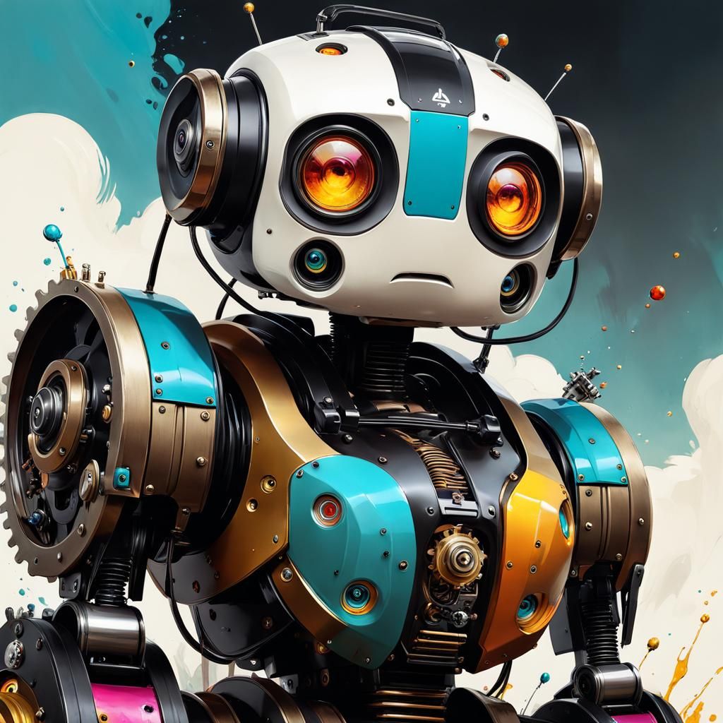 Adorable Cartoon Robot Golem Portrait in Oil Paint