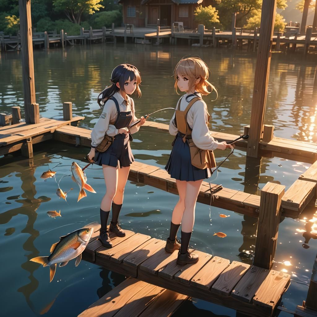 Anime Style: Girls Fishing at Sunset