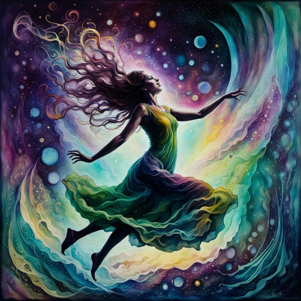 Woman Dancing in a Surreal Universe: Watercolor Art