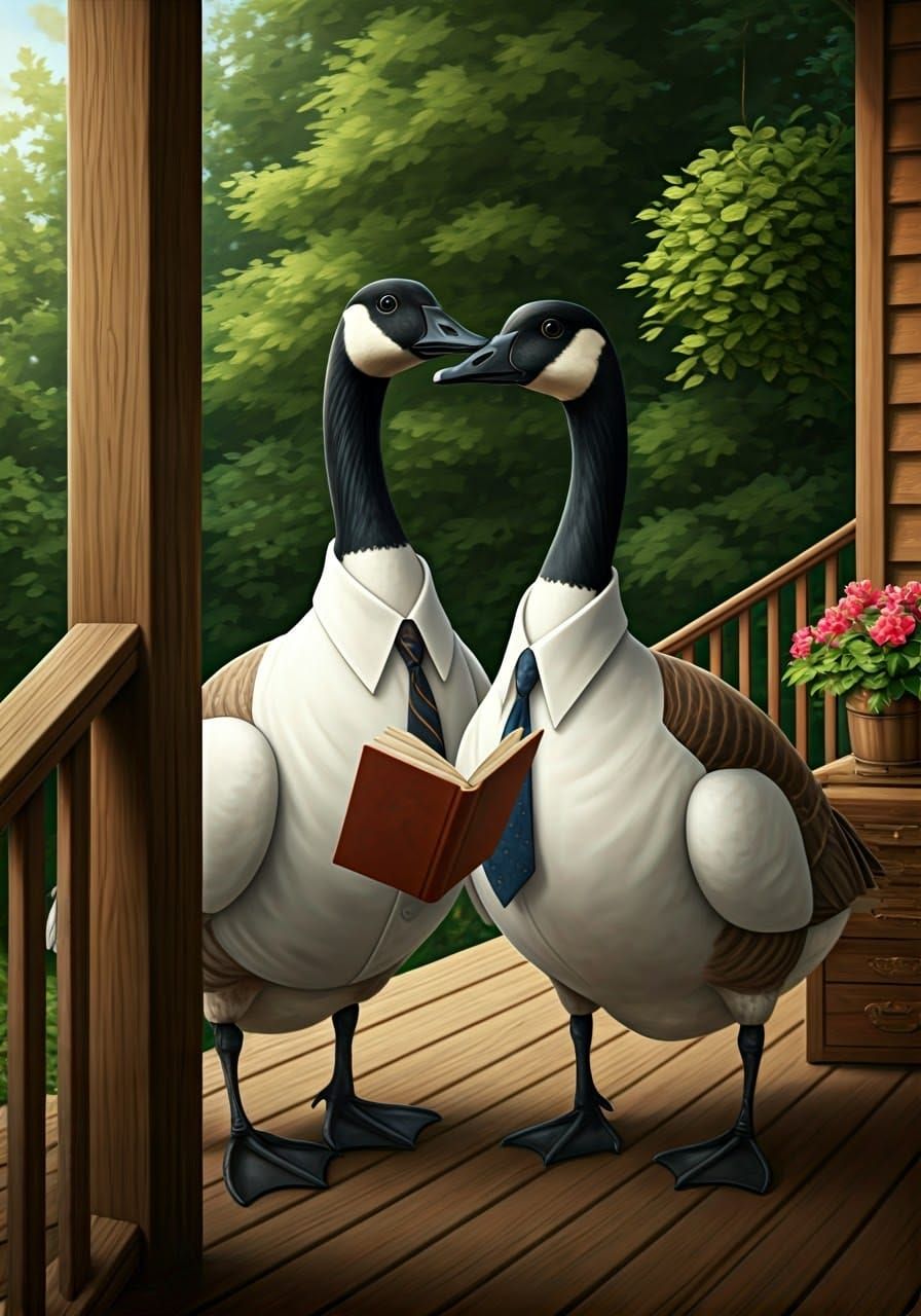 Dapper Canada Geese Scholars on a Porch