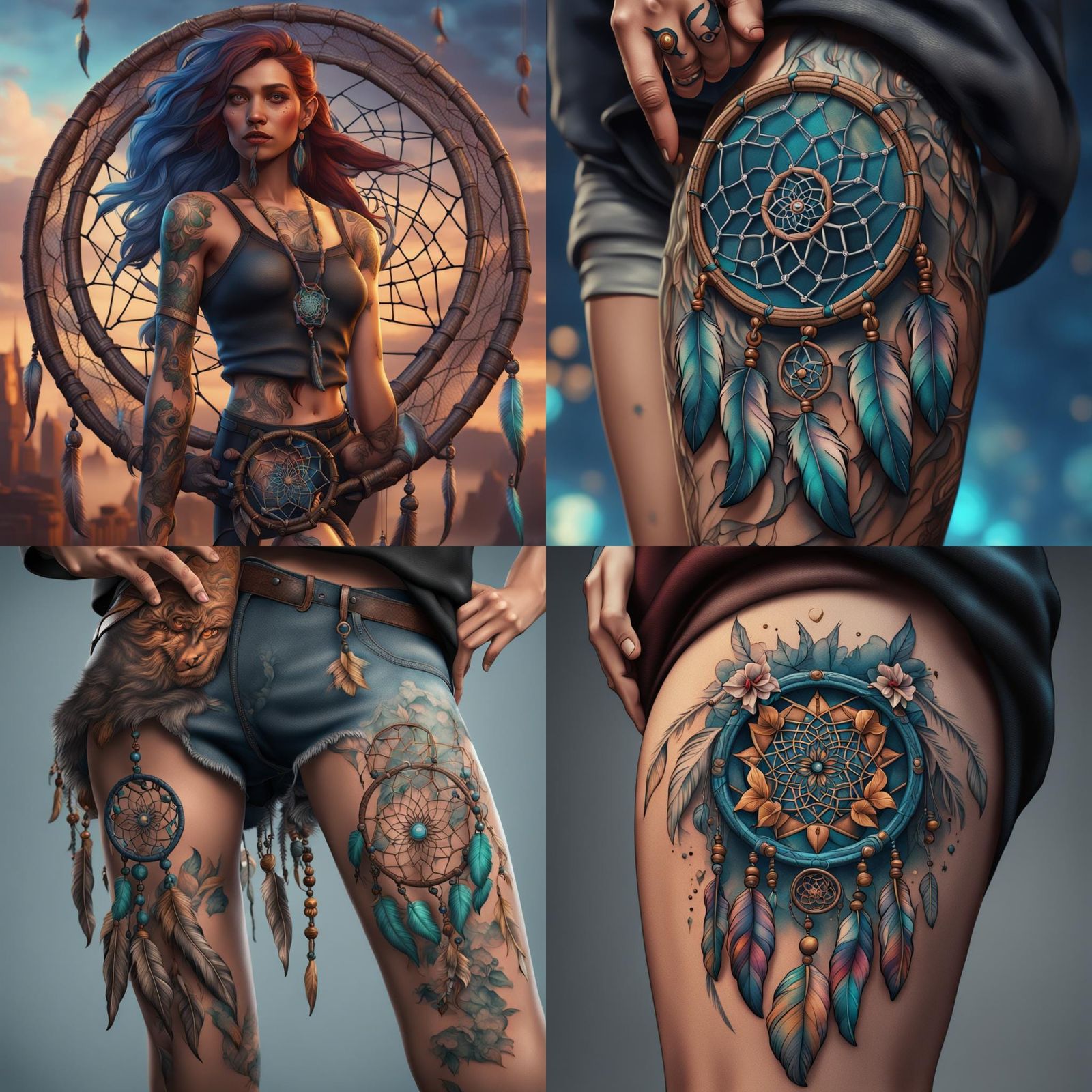 Disney Dreamcatcher Tattoo on Thigh: Detailed Matte Painting