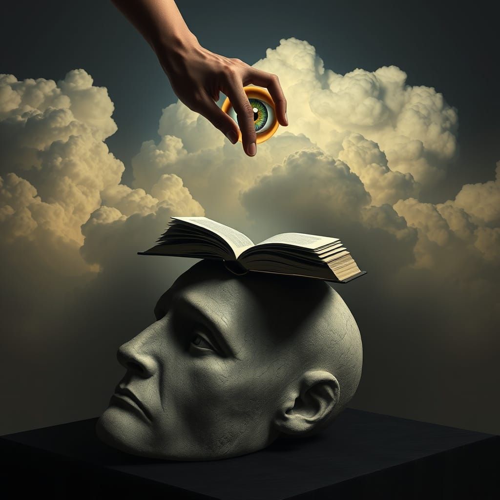 Surreal Digital Art: Stone Head, Eye, and Hand in Clouds