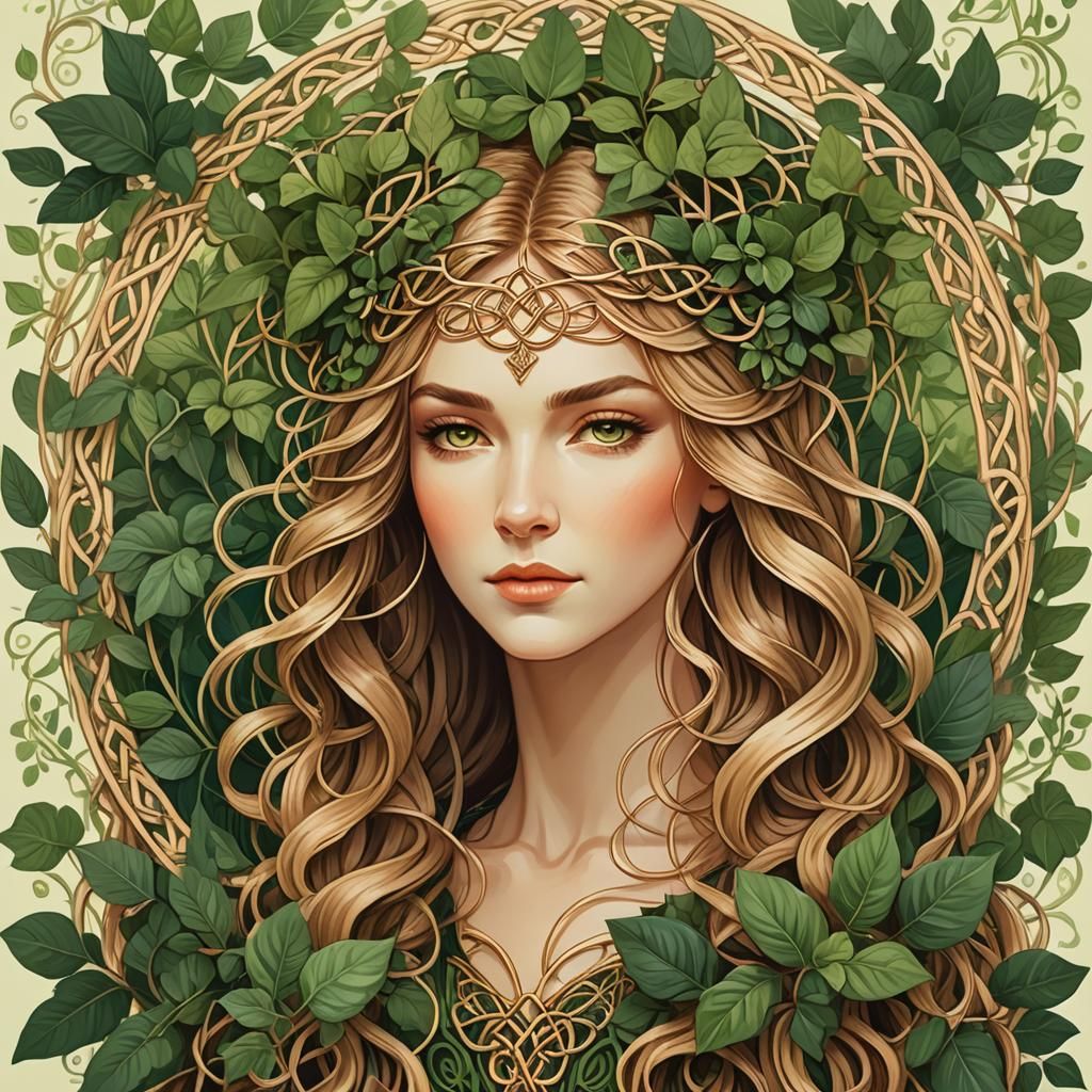 Celtic Knotwork Woman Portrait with Hanging Plants