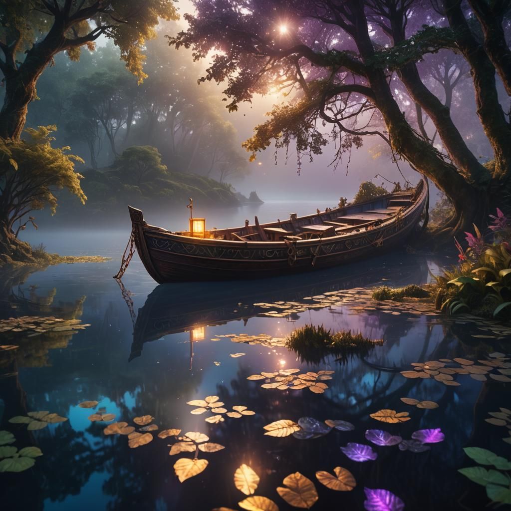 Mystical Boat on Misty Lake: Fantasy Concept Art