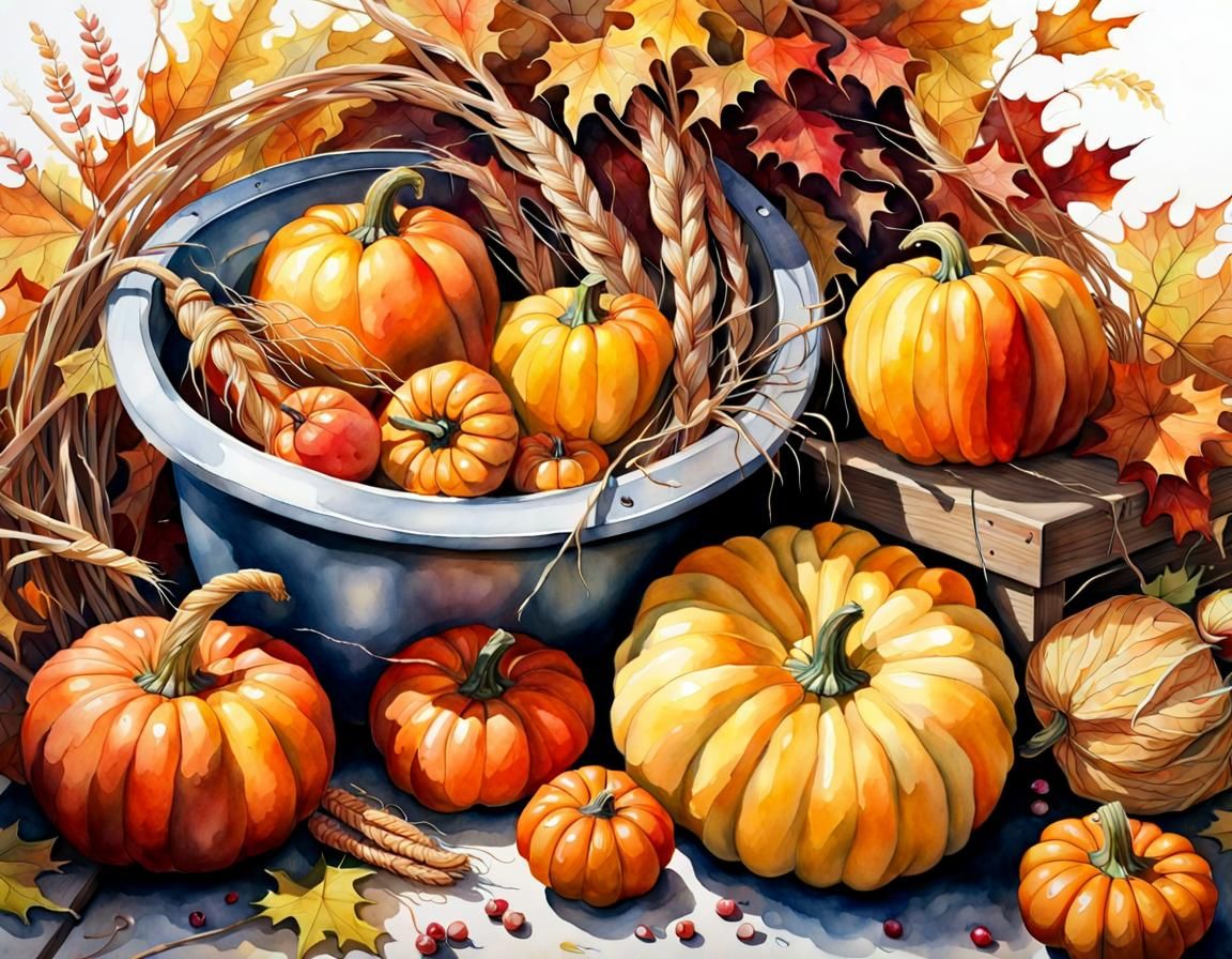 Watercolor Autumn Harvest: Detailed Composition in Hyperreal...