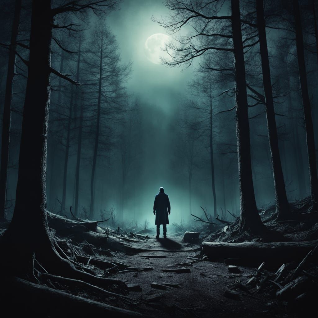 Mysterious Lone Figure in Desolate Moonlit Forest