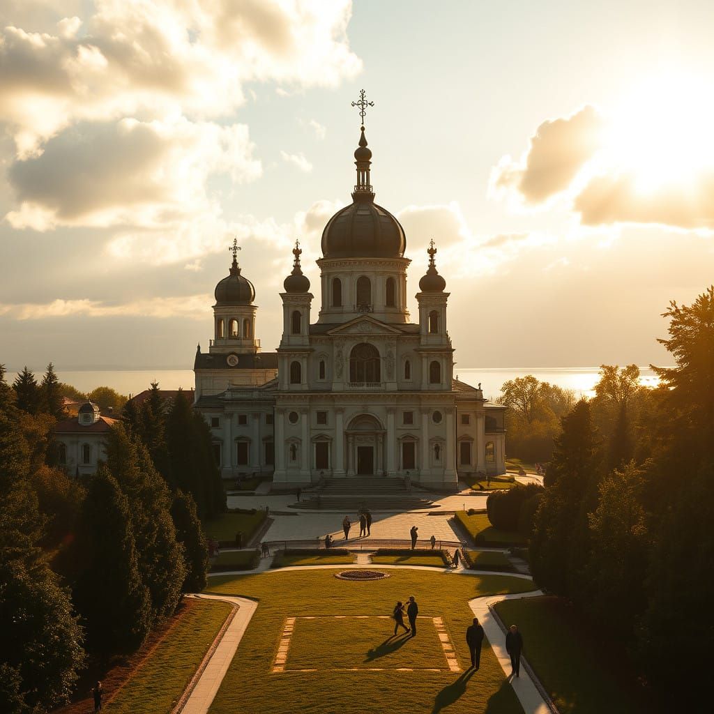 Baroque Monastery Landscape in Golden Light