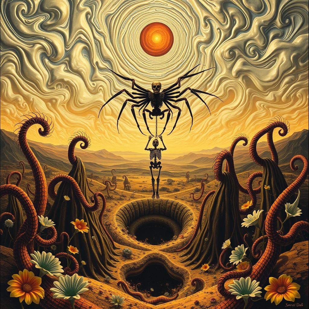 Surreal Landscape with Elastic Flora and Winged Skeleton