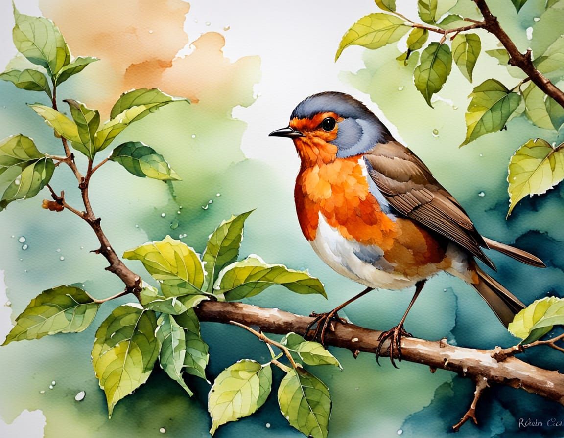 Watercolor Robin with Tea Stained Effect
