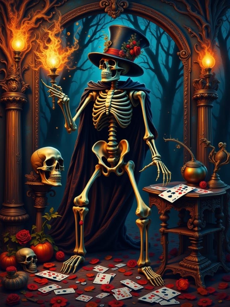 Skeleton Magician Emerges From Card in Dynamic Fantasy Art