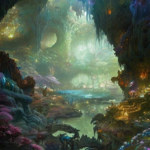 Enchanted Cave with Jewels and Lush Flora