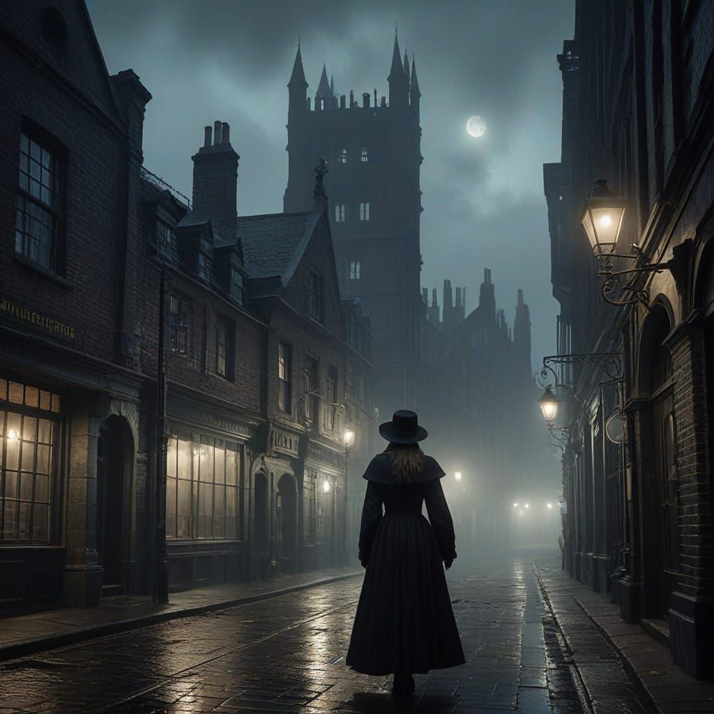 Mysterious Foggy London Scene with Lone Figure in Victorian-...