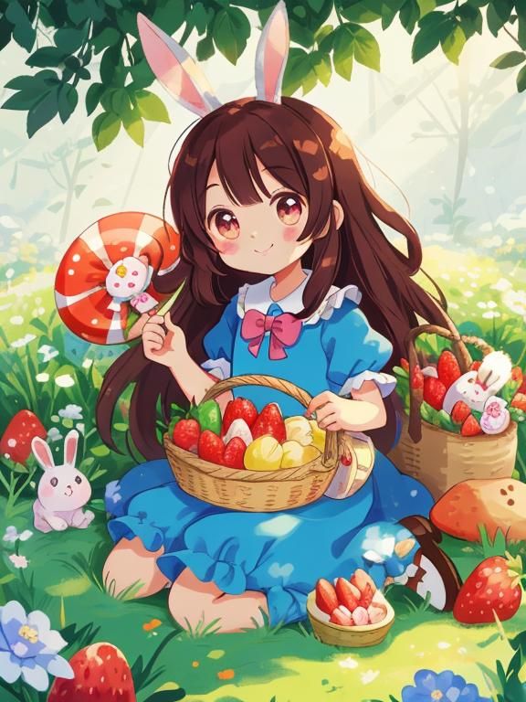 Cute Rabbit in Candyland Style with Strawberries