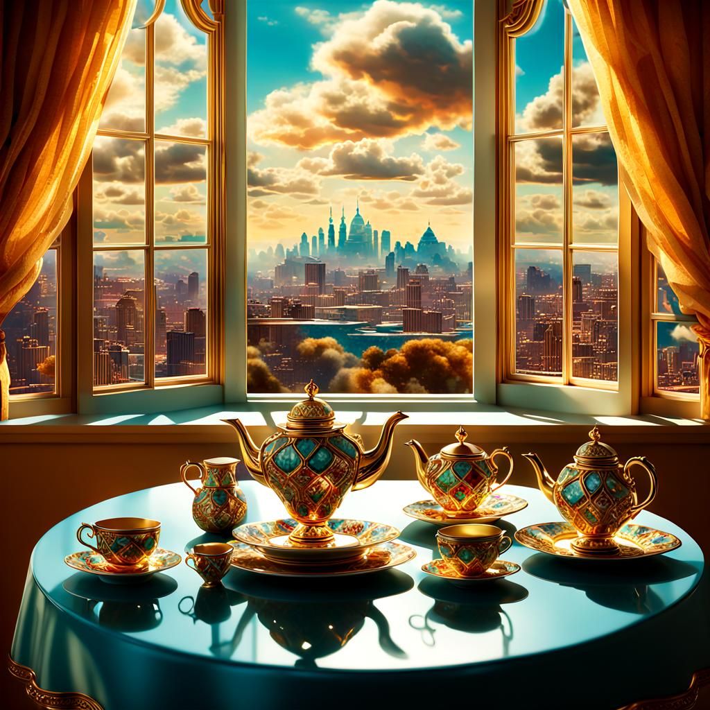Art Deco Tea Set in Surrealist Window View