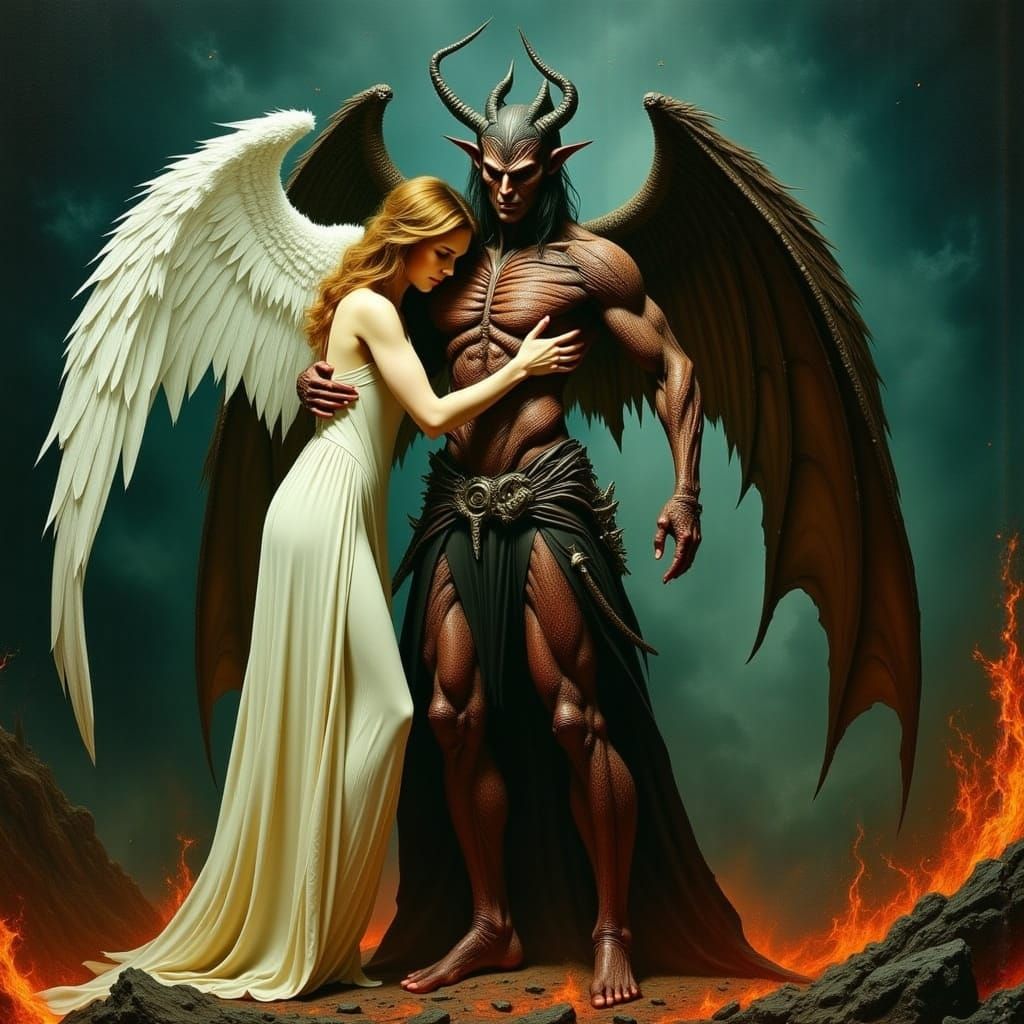 Angel Embraces Devil in Dark Fantasy Landscape