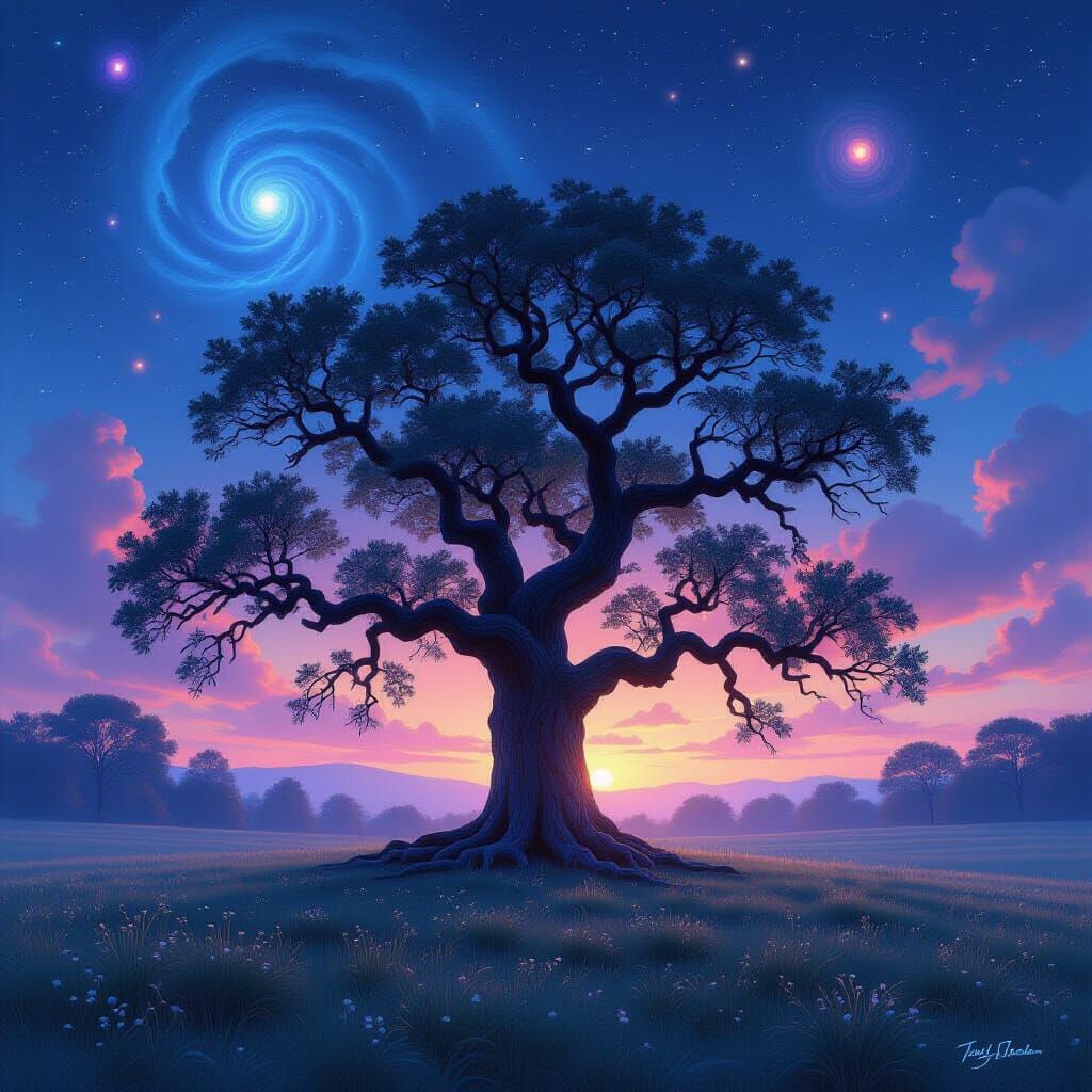 Ancient Oak in Misty Meadow Under Nebula Sky
