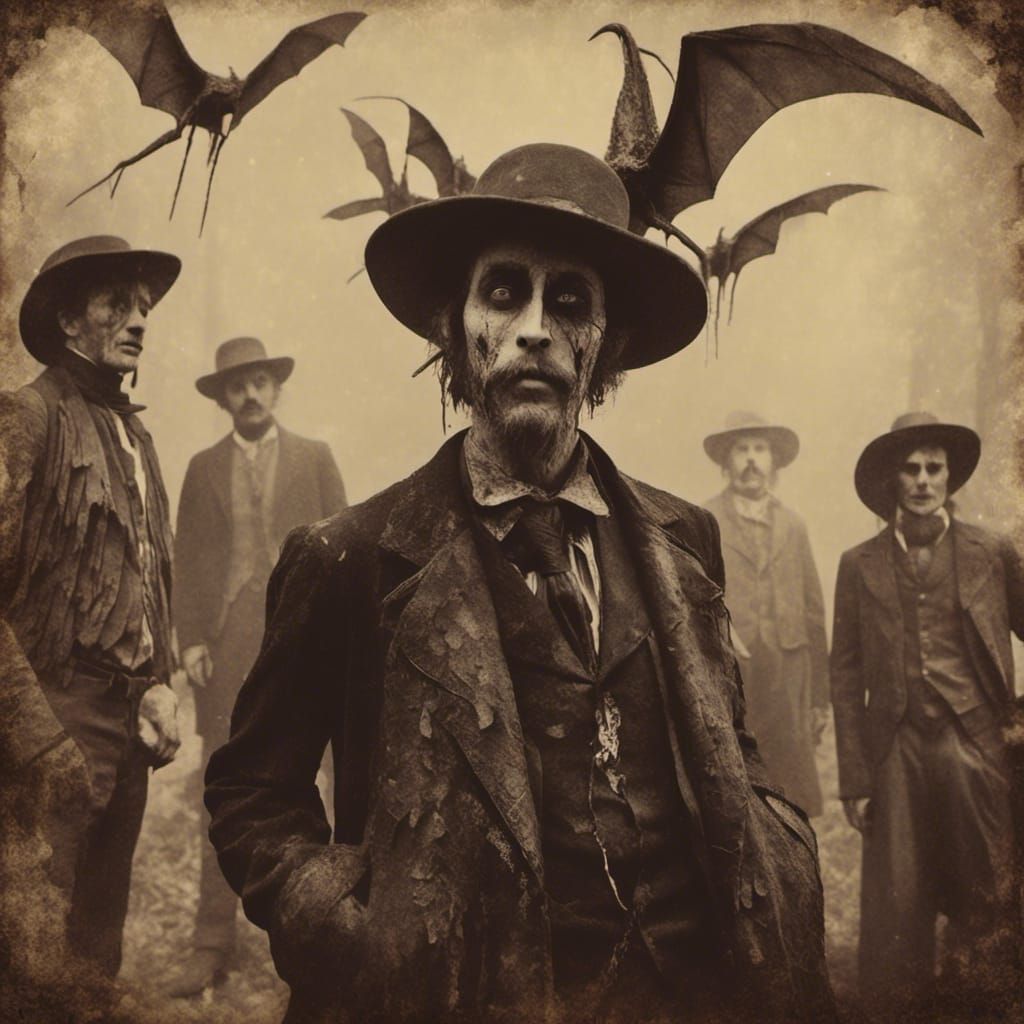 Macabre Pteranodon and Cowboys in Vintage Style