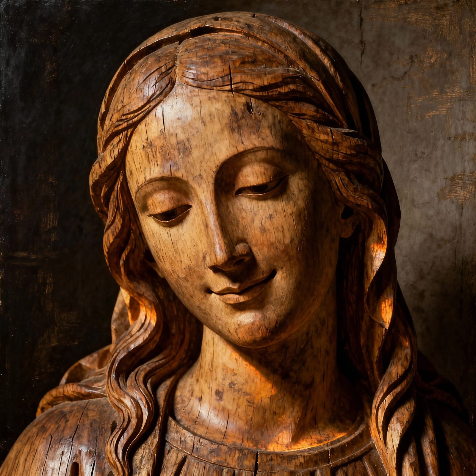 Serene Medieval Virgin Mary Carved from Aged Wood