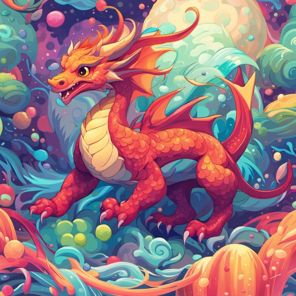 Adorable Chibi Dragon in Swirling Vector Art