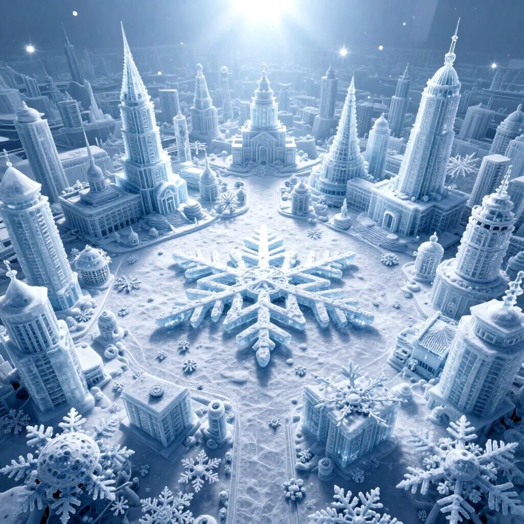 Microscopic Snowflake City Metropolis With Crystal Spires