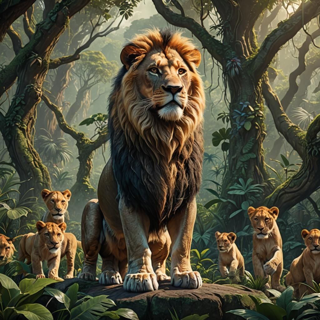 Lion Family in Jungle, Detailed Matte Painting