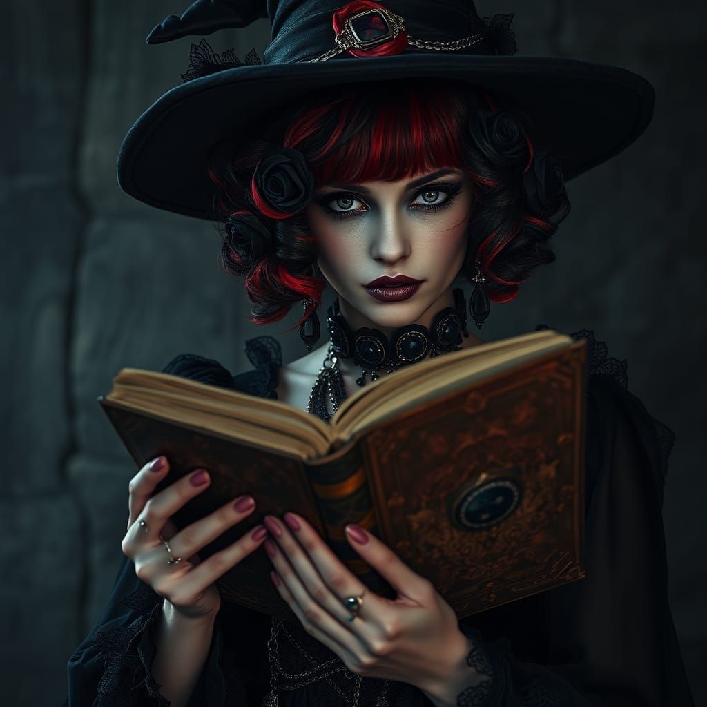 Gothic Woman with Spell Book in Mystical Realism