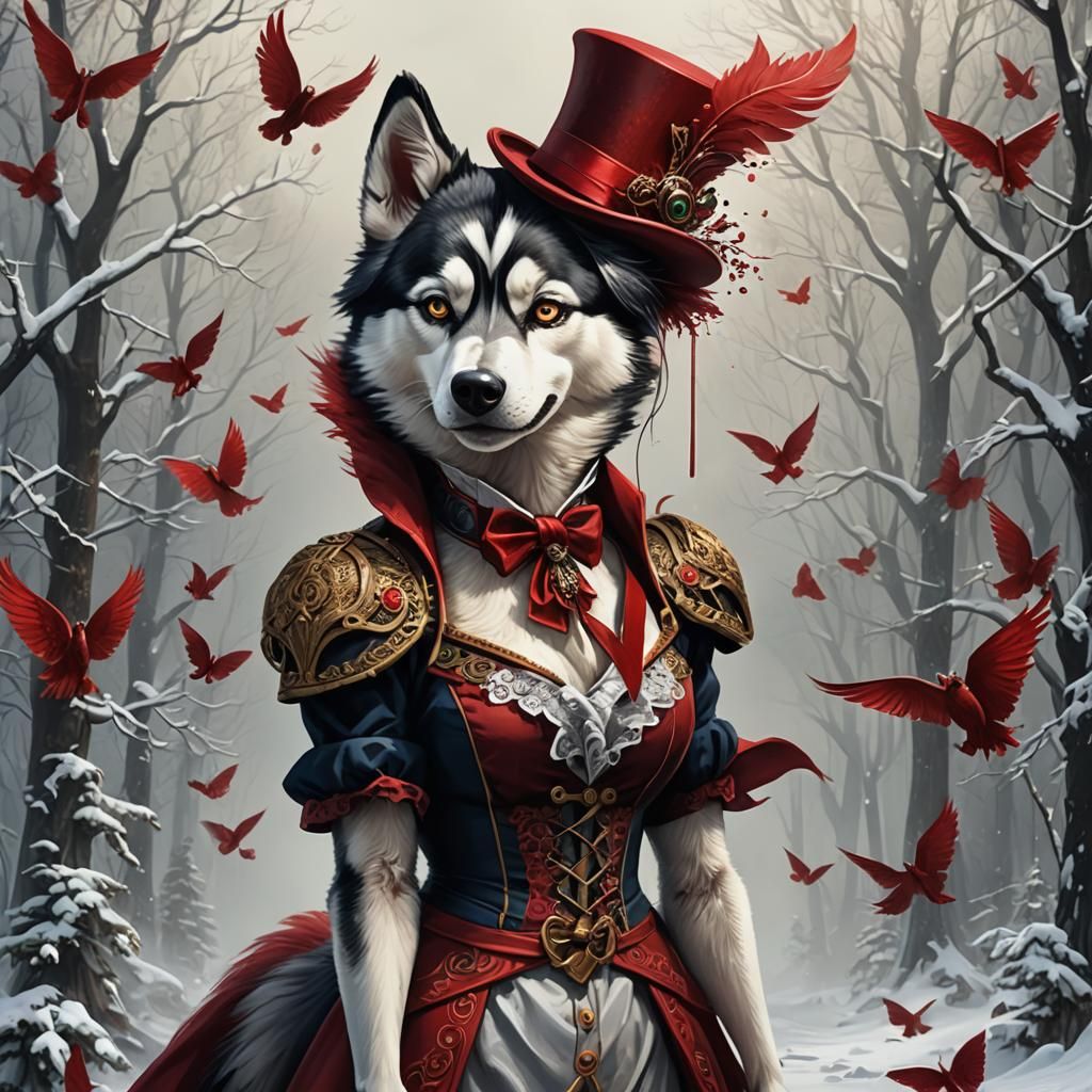 Anthropomorphic Husky with Wings, a Detailed Matte Painting