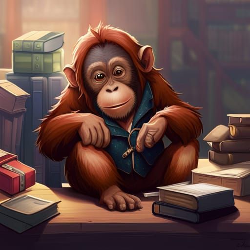 Orangutan in Tweed Jacket in Dark Academia Library