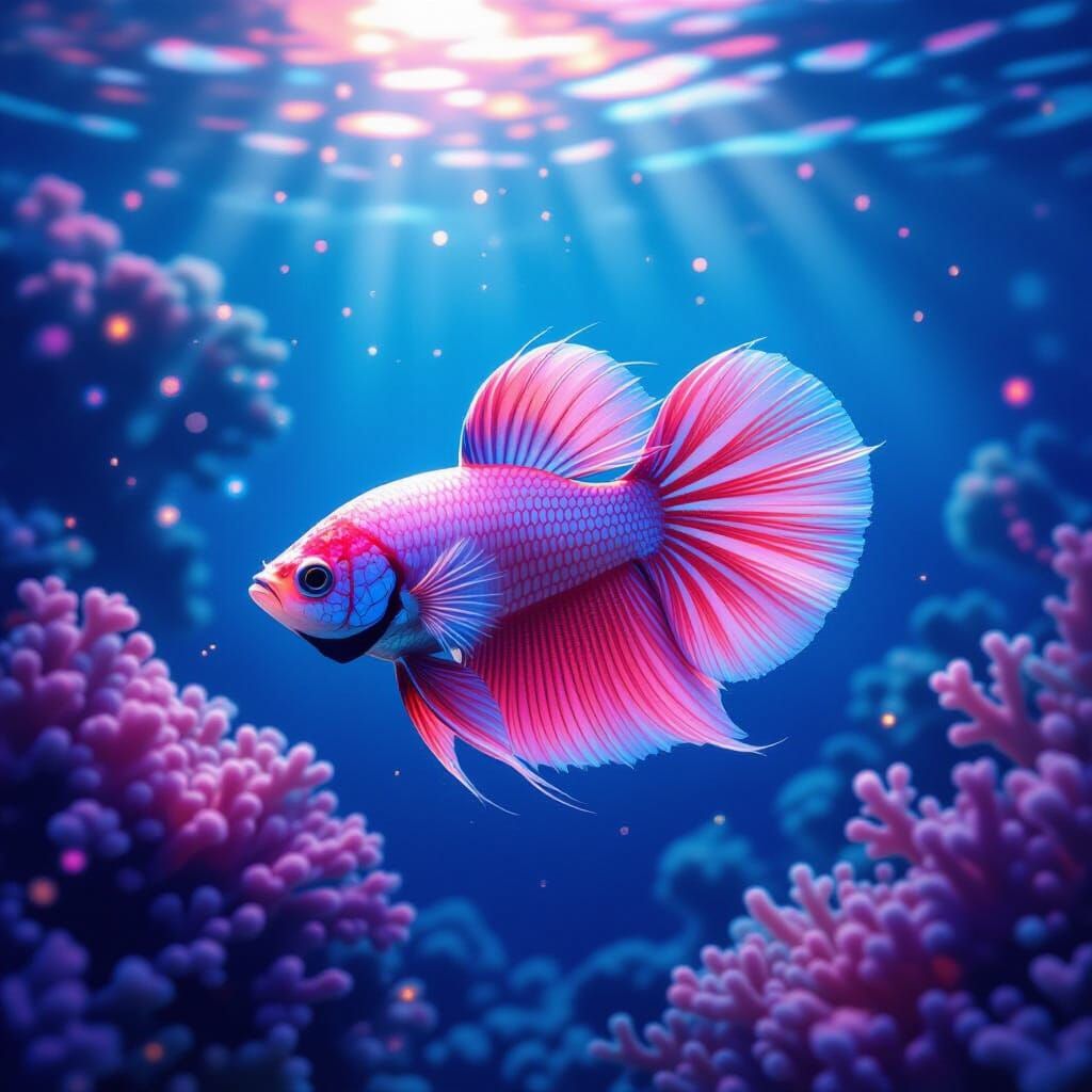 Ethereal Pink Peach Betta Fish in Glowing Coral Reef