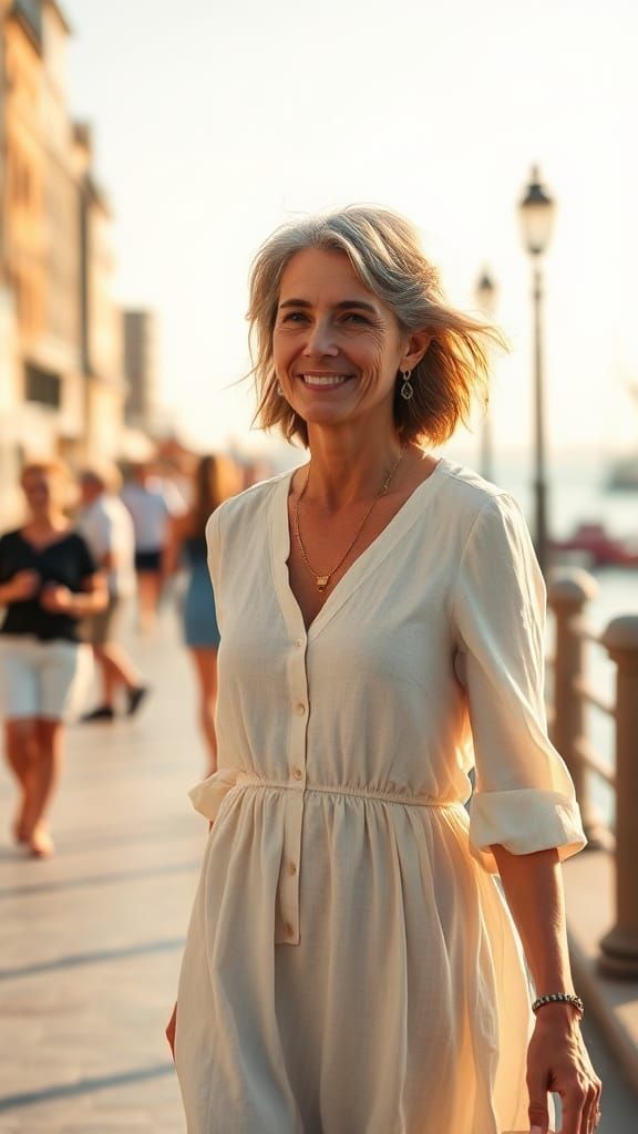 Woman with Gray Hair Walks Livorno Waterfront