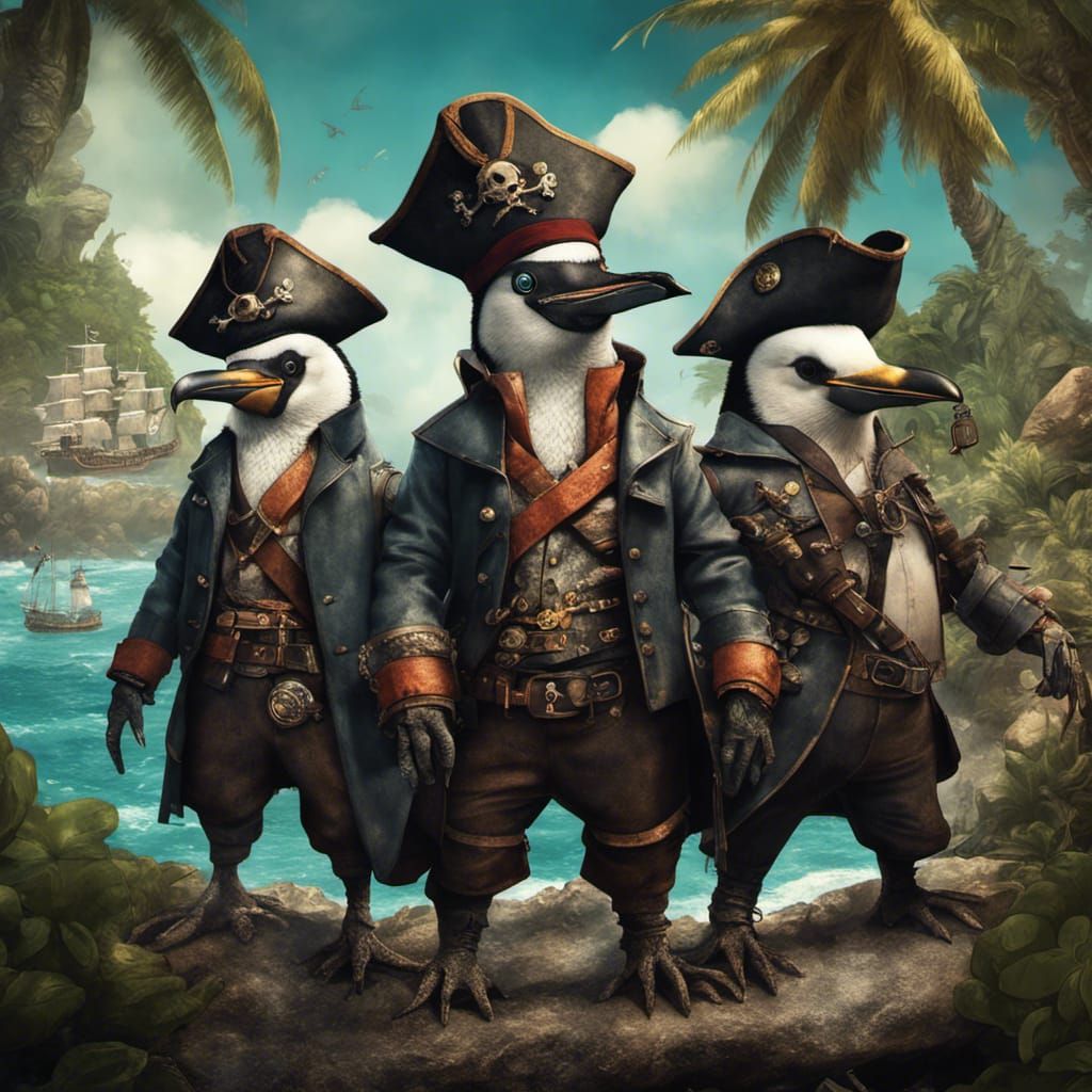 Steampunk Pirate Penguins Treasure Island in Cyberpunk Style