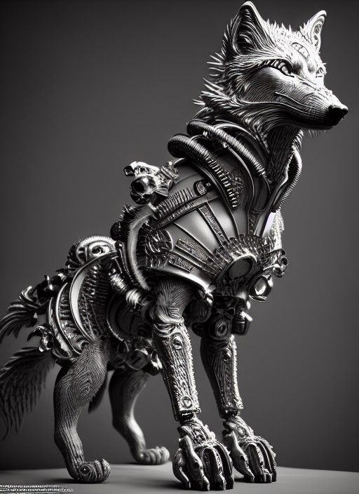 Ornate Cyberpunk Wolf Sculpture with Tribal Art Details