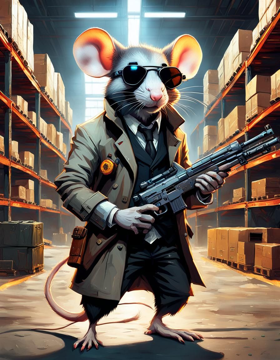 Cyberpunk Gangster Rat Engineer in Warehouse