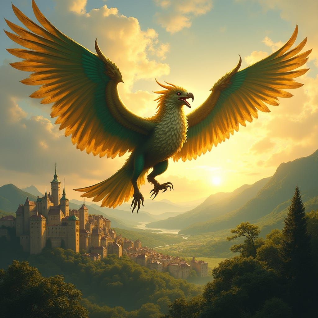 Griffin Soaring Above Medieval City, Painterly Style