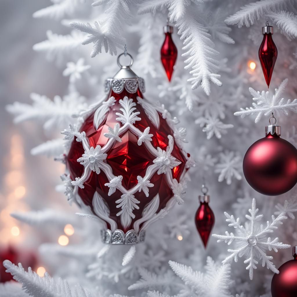 Blood-Filled Crystal Ornaments on White Christmas Tree