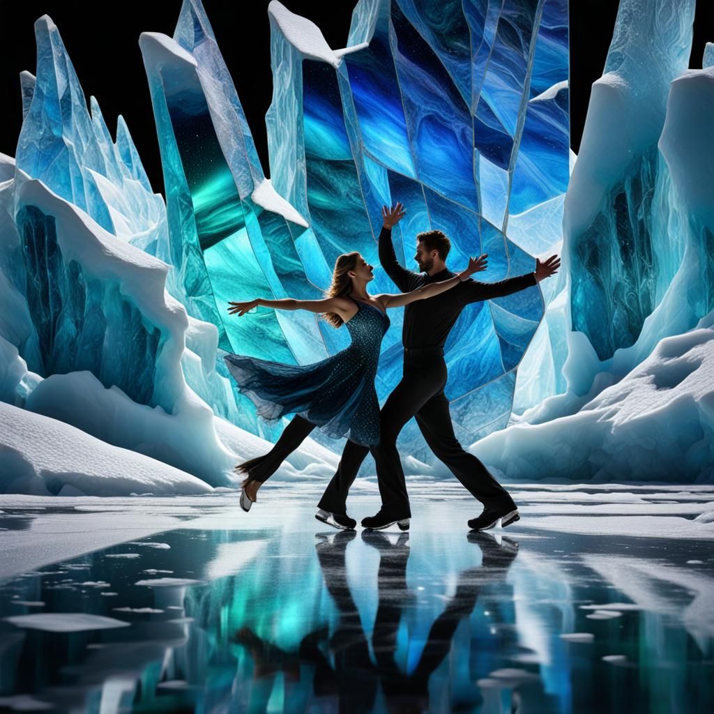 Close- up picture, a beautiful young couple ice dancing on frozen glacier.
Poignant particle opal fantasy stained glass,...