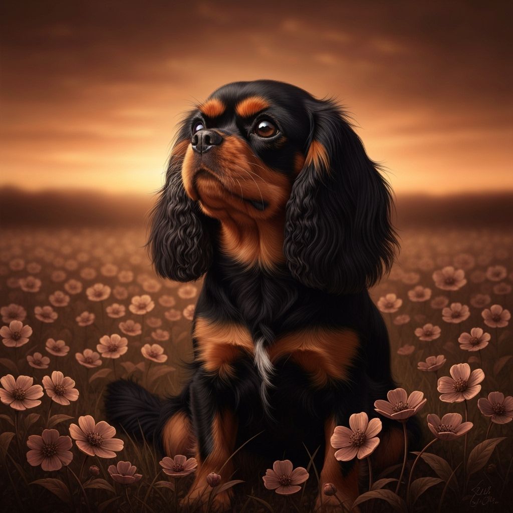 Cavalier King Charles Spaniel in Chocolate Wildflower Field