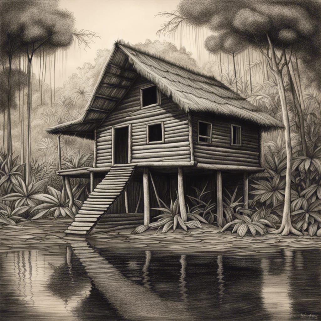 Amazon Rainforest Log Cabin Charcoal Drawing