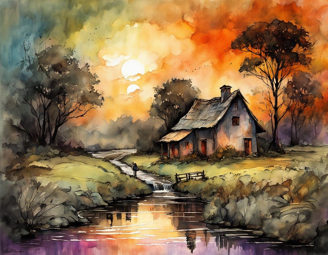 Enchanting Cottage: An Ink Painting Reverie