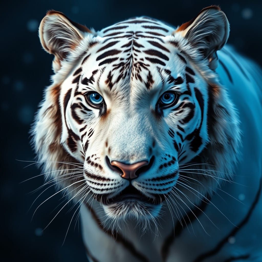 Photorealistic White Tiger with Intense Blue Eyes