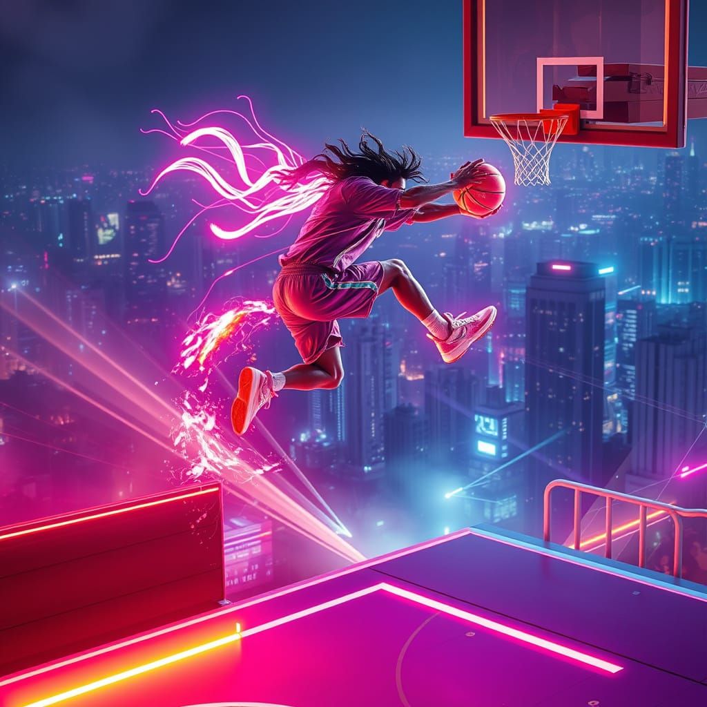 Futuristic Cyberpunk Basketball Showdown on Neon Cybercourt
