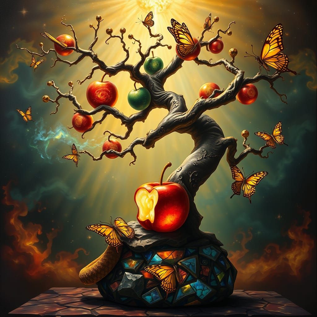 Celestial Apple Bonsai of Eden in Impasto Gouache