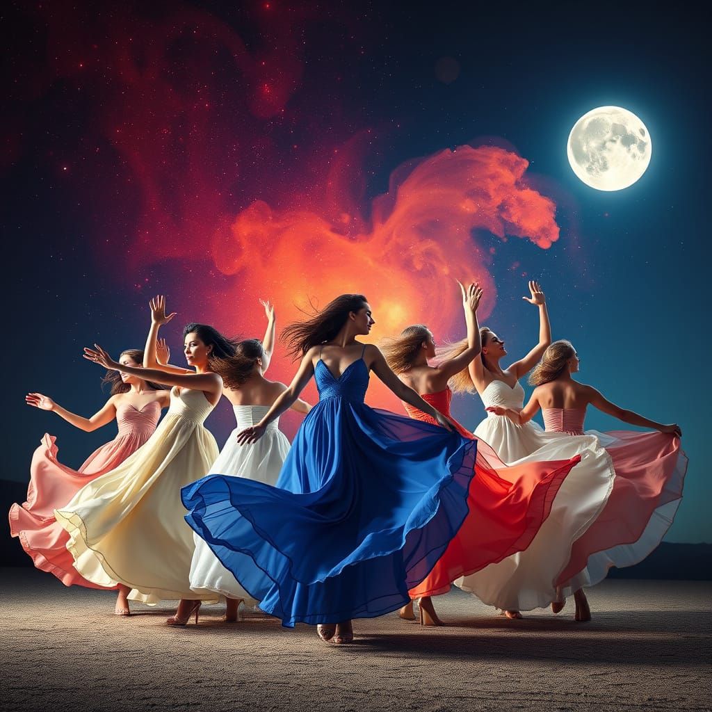 Surreal Moonlit Dance of Women under a Vibrant Stardust Nebu...