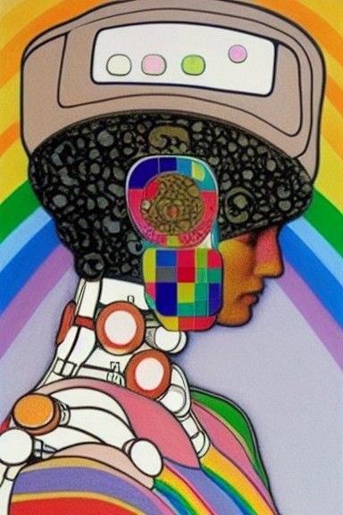 Rainbow Flamethrower Robot in Klimt Style