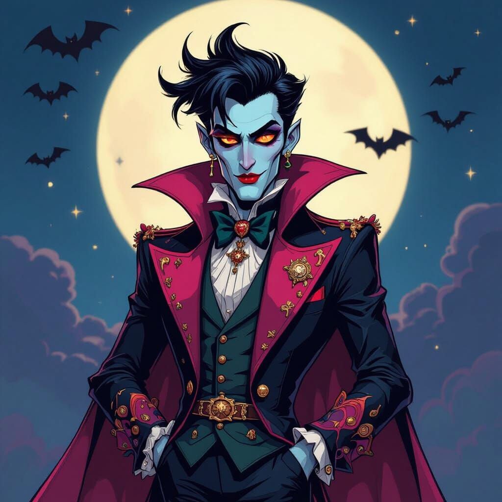 Colorful Cartoon Vampire in Whimsical Setting