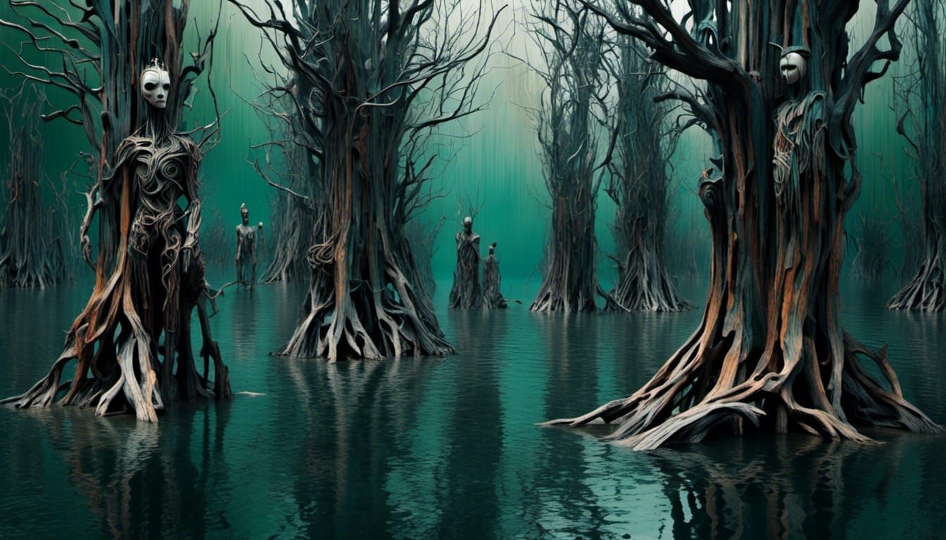 Magical Tree Beings Guarding Swamp in Mythical Realism