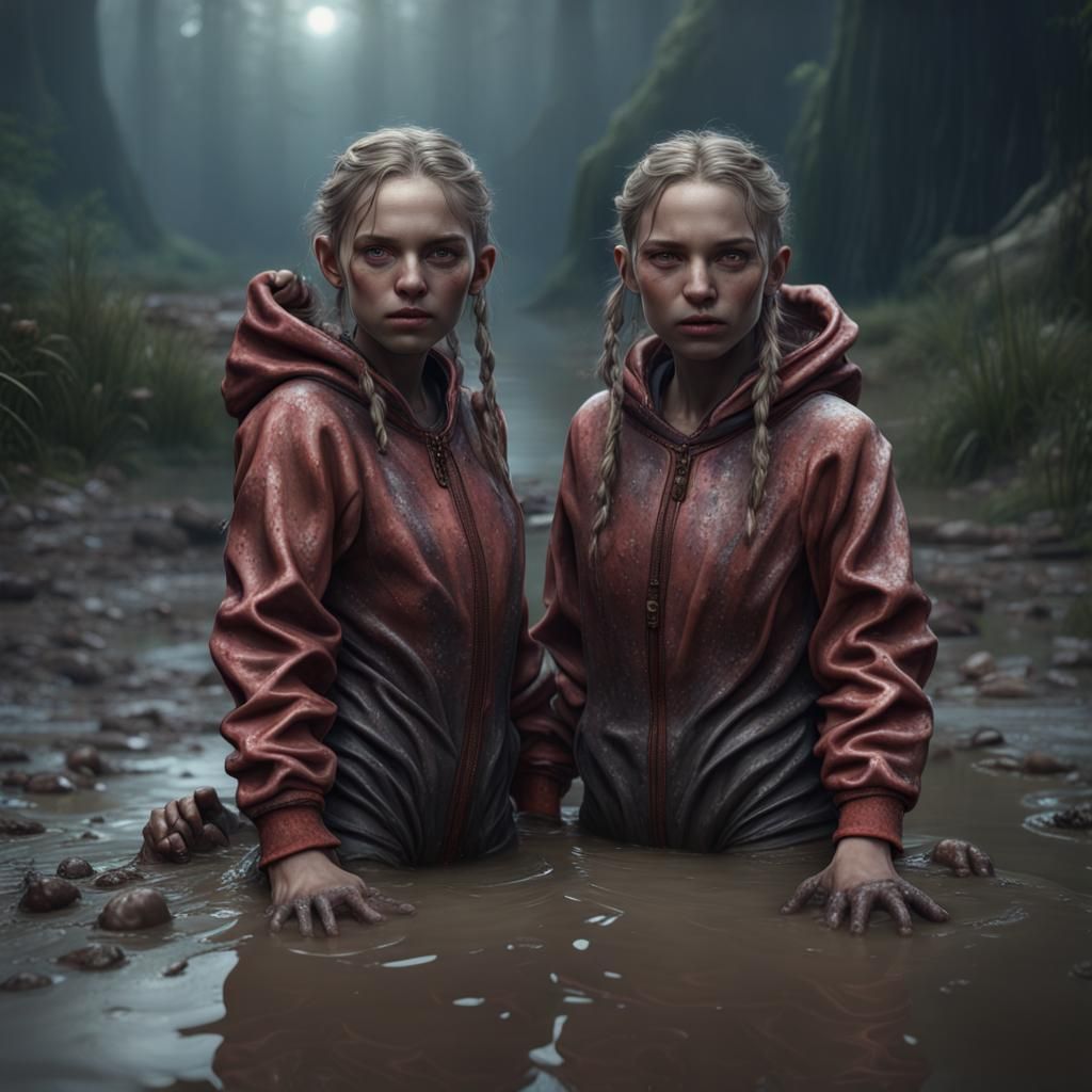 Twin Girls Wallowing in Mud: Detailed Matte Painting