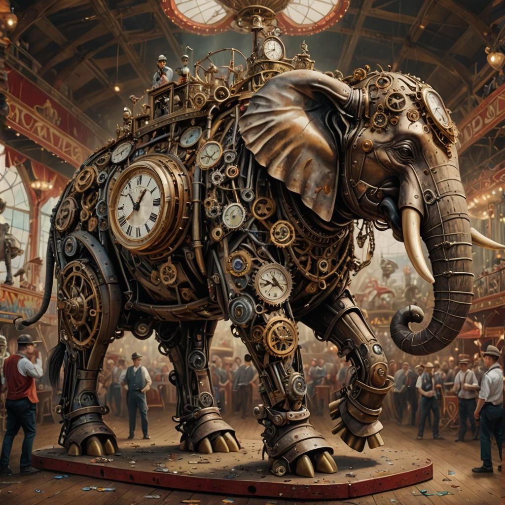 Mechanical Elephant Circus Performer in Impressionistic Styl...